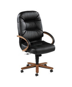 HON(R) Wood Pillow-Soft High-Back Executive Chair, Mahogany Frame, Black Leather