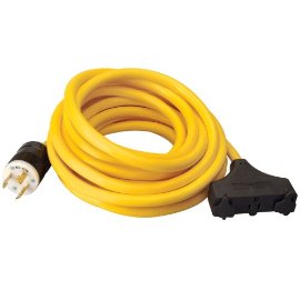 Coleman Cable 01912 25' 10/3 SJT 30 AMP Yellow Tri-Source (Locking Male) Generator Cord