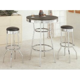 Bar Table and 2 Barstool set in 50's Retro Nostalgic Soda Fountain Style with Chrome Plating in Black Formica Top