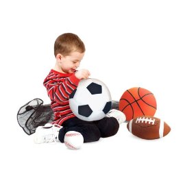 Set of 4 Deluxe Plush Sports Throw Pillows; includes Soccer ball, Softball, Football and Basketball