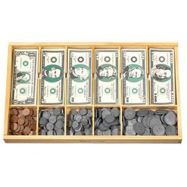 Deluxe Play Money Set in a Wooden Cash Drawer