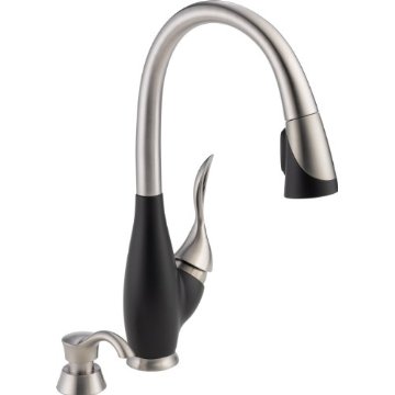 Delta Satori 19915-SBSD-DST Single Handle Pull-Down Kitchen Faucet with Soap Dispenser (Stainless/Black)