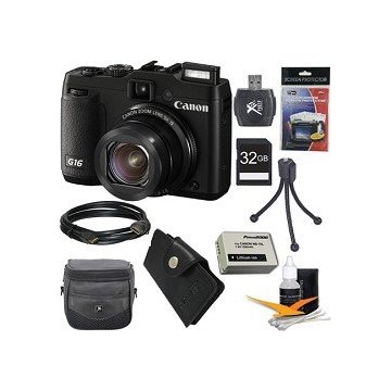 Canon PowerShot G16 12.1MP Digital Camera Ultimate Bundle with 32GB Memory Card, Digpro Deluxe Case, Extra Battery, Card Reader, Tripod, Card Wallet, HDMI Cable, Screen Pro
