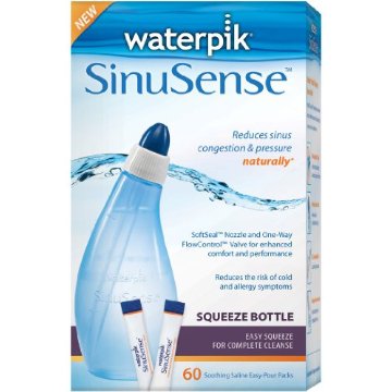 Waterpik SWS 360 Sinusense Squeeze Bottle with 60 Soothing Saline Packs With Aloe Vera and Eucalyptus, Blue