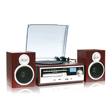 TechPlay ODC28SPK-WD 3-Speed Turntable with CD / MP3 / Cassette / SD Card / USB player, Digital AM / FM Radio, AUX IN, Line Out, Remote and External Speakers