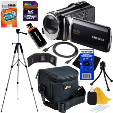 Samsung HMX-F90 Black Camcorder with 2.7" LCD Screen and HD Video Recording + 10pc Bundle 32GB Deluxe Accessory Kit w/ HeroFiber Ultra Gentle Cleaning Cloth