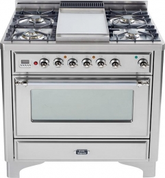 ILVE Majestic UM90FMPIX 36" Dual Fuel 4-Burner Range with 2.8 cu. ft. Convection Oven, Warming Drawer (Stainless Steel w/ Chrome Accents)
