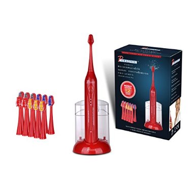 Pursonic S420 High Power Rechargeable Sonic Toothbrush with 12 Brush Heads & Storage Charger, Red