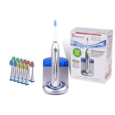 Pursonic S450 Deluxe Plus Sonic Rechargeable Toothbrush with Built-In UV Sanitizer and 12 Brush Heads (Silver)