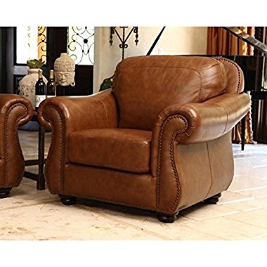 Abbyson Living Erickson 43 Top-Grain Leather Armchair with Nail-Head Trim Padded Rolled Arms and Stitching Details in Camel (SK-28110-CNG-1)