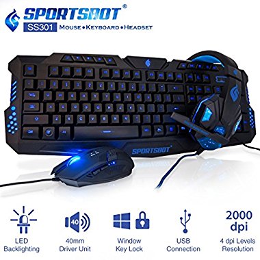 SportsBot SS301 LED Gaming Over-Ear Headset Headphone, Keyboard & Mouse Combo Set