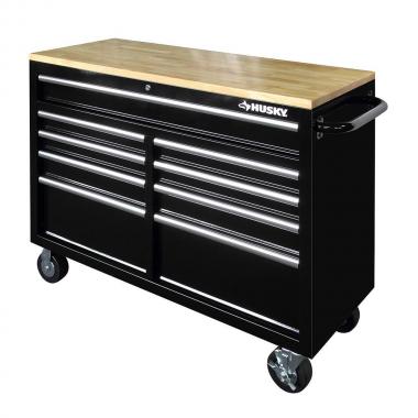 Husky 46" 9-Drawer Mobile Workbench with Solid Wood Top, Black