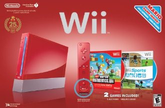Nintendo Wii Red System Bundle with Remote Plus, Nunchuk, New Super Mario Bros, Wii Sports