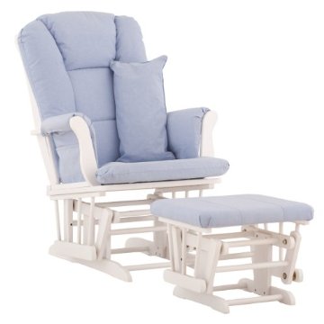Stork Craft Tuscany Glider and Ottoman with Lumbar pillow (White with Custom Blue Cushions)